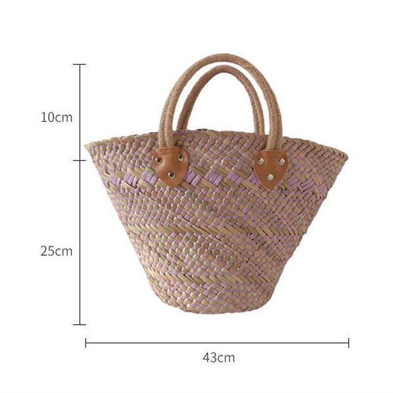 Skew bolsa de paja tejida retro hecha a mano, bolsa de mano de paja de hierba de agua, cesta de paja, bolsa de compras
