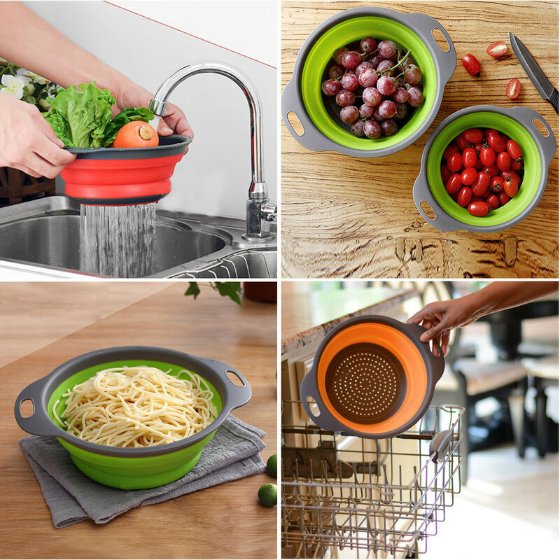 Colador plegable de silicona para lavado de frutas y verduras, cesta escurridor con utensilios de cocina con mango