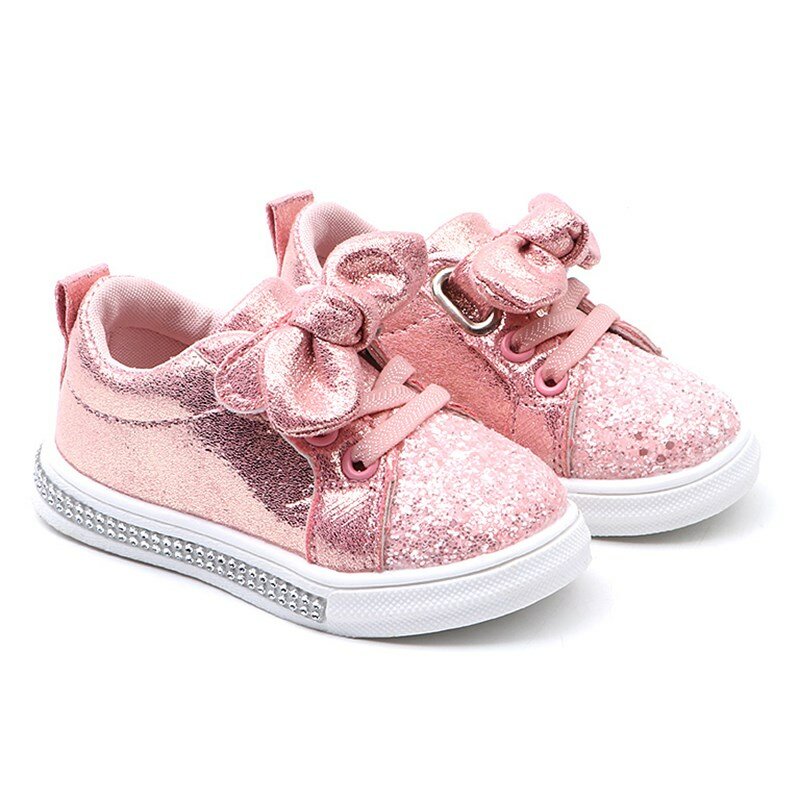 Zapatillas de deporte informales para niñas pequeñas, zapatos antideslizantes con lazo y lentejuelas, color rosa