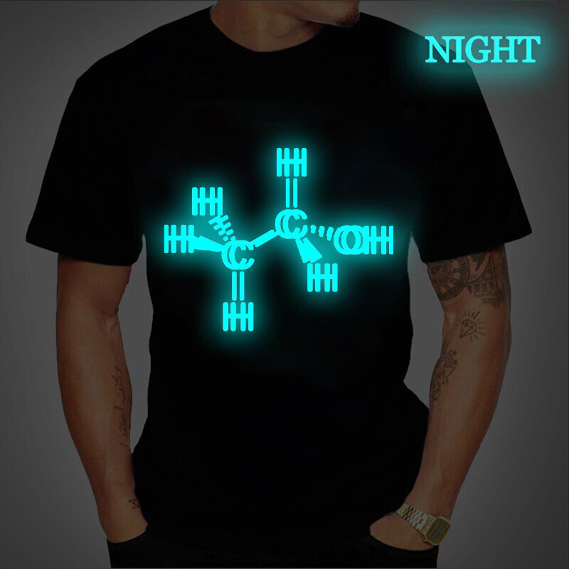 Verão nova moda masculina casual t-shirts molécula de álcool estampa luminosa camiseta masculina de manga curta o-pescoço t camisa para homem