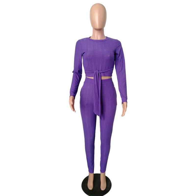 女性のセット長袖弾性ニットカジュアル2個セット作物トップス + スキニーパンツプラスサイズツーピース衣装女性のトラックスーツ