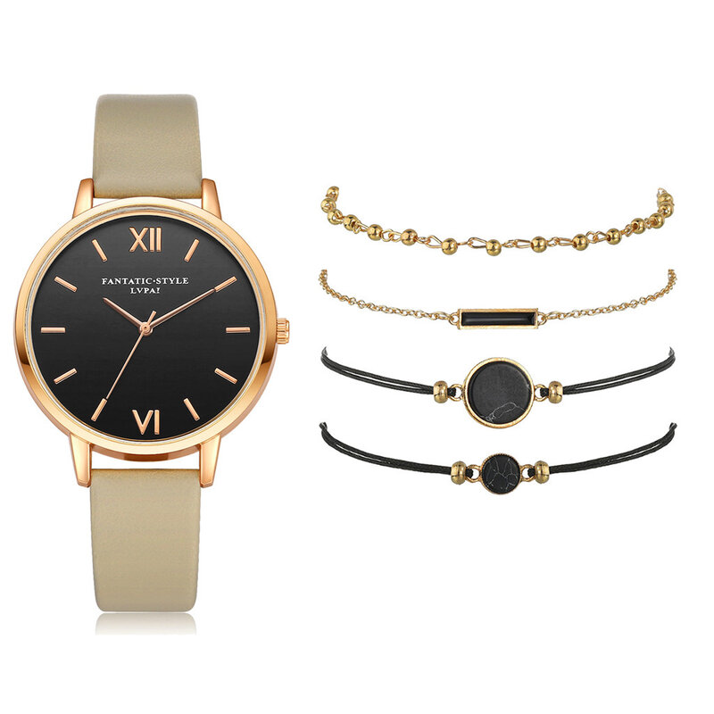 5 шт./компл. новый простой набор часов, кварцевые часы, трендовые женские часы с ремешком из ПУ кожи, женские часы с браслетом, женские черные часы
