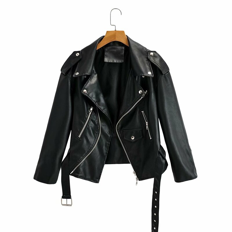 PU Faux Leather Jacket Women Loose Sashes Casual Biker Jackets Outwear Female Tops BF Style Black Leather Jacket Coat Brand Hot
