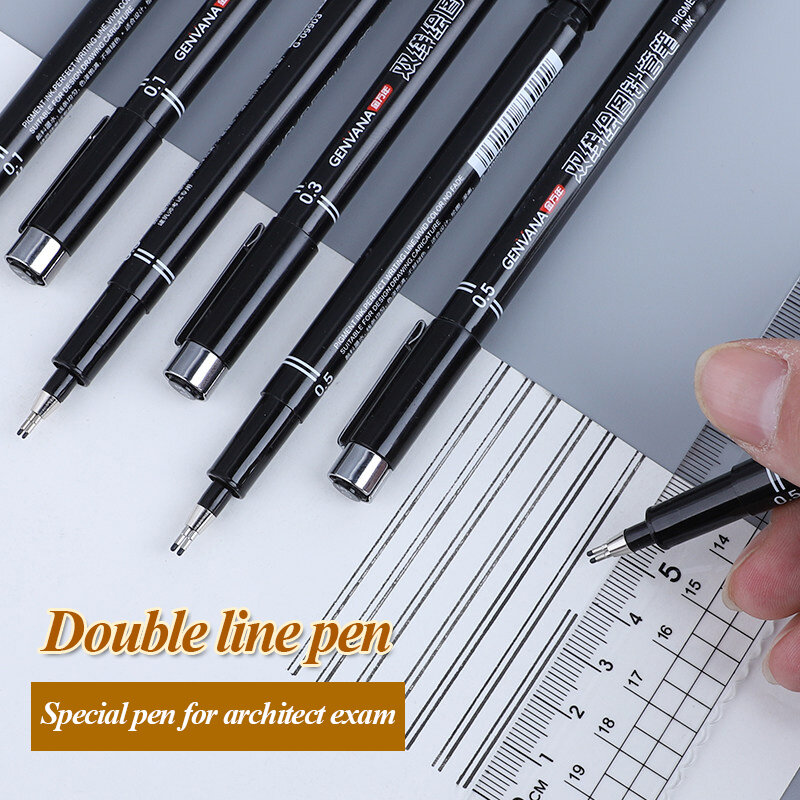 Genvana-caneta agulha de desenho de linha dupla, 0.5/0.3/0.1mm, à prova d'água, secagem rápida, escola, desenho, artigos de papelaria