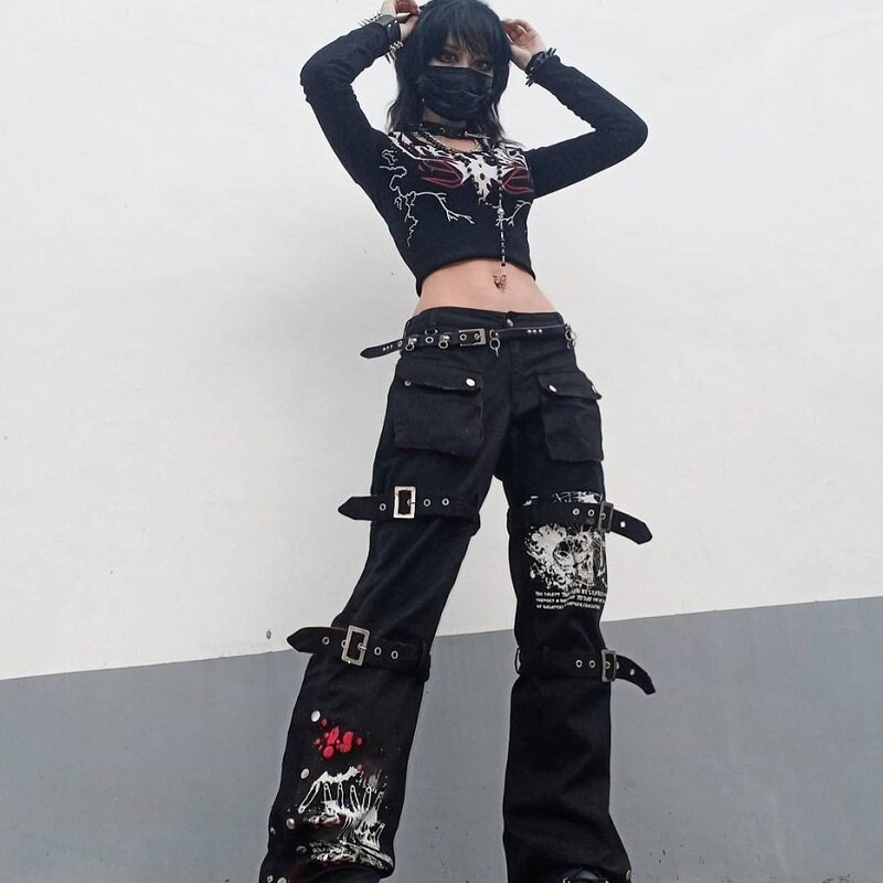 Calças góticas pretas carga feminina, capri, cintura baixa, jeans, calças compridas, Y2K, grunge, vintage, hip hop, punk, harajuku, streetwear, e-girl
