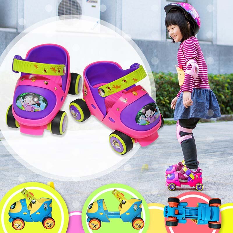 Adjustable Children Roller Skates With Safety Off Button Resistance Material Double Row 4 Wheels Skating Shoes