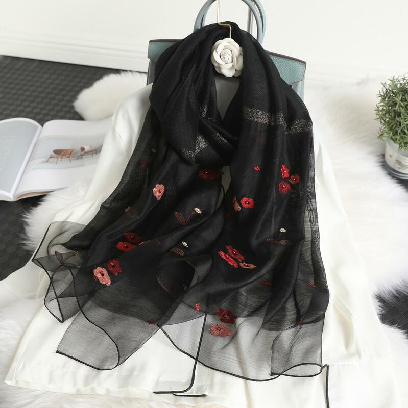 2022 Solid Silk Women Scarf Winter Warm Wool Shawls Lady Wraps Bufanda Floral Pashmina Embroidery Scarves Foulard Bandana