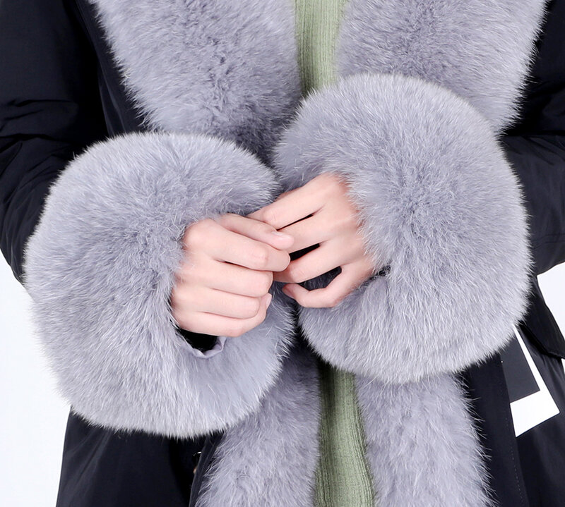 2020 fashion women's natural fox fur hooded long coat parka coat jacket army green big raccoon fur collar winter down cotton coa
