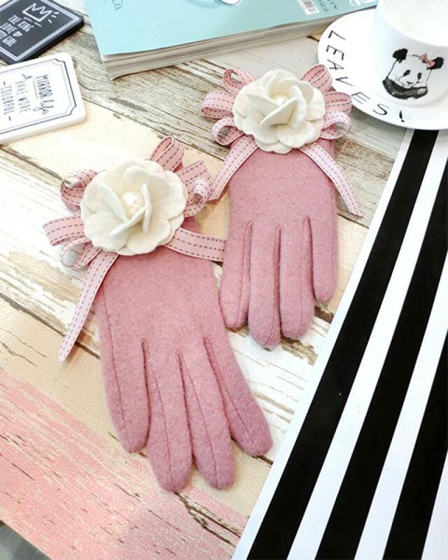 Ladies Wool Five-Finger Pearl Woolen Gloves New Korean Version of Camellia Bow Warmth and Thick Split-Finger Touch Screen Gloves