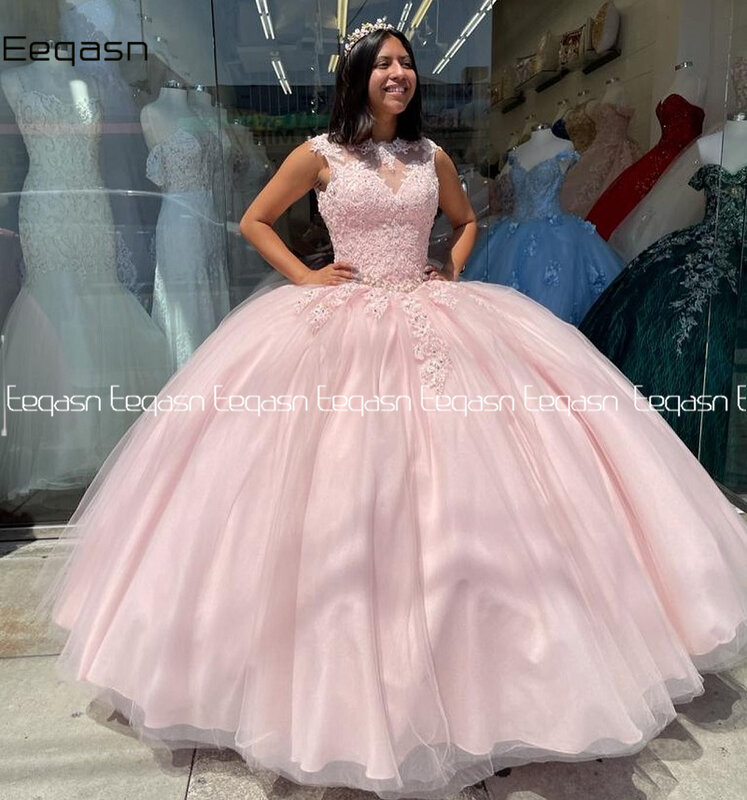 Różowa suknia balowa sukienka na Quinceanera długa vestidos de 15 años aplikacja gorset koronka z tyłu słodka 16 sukienka korowód suknie