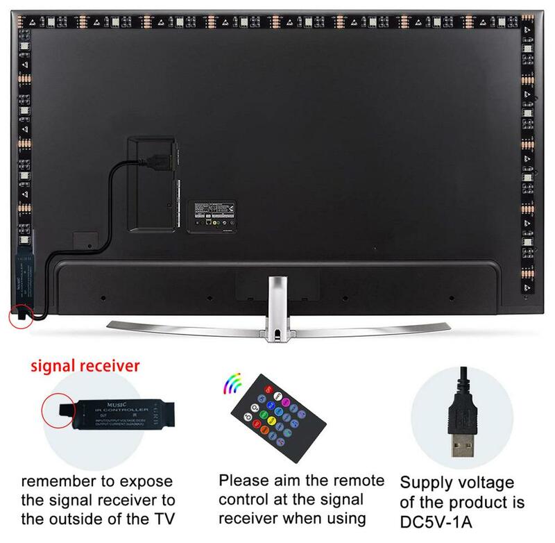 Rétroéclairage TV synchronisation de musique alimenté par USB RGB5050 LED bande lumineuse pour TV 15 - 80 pouces, miroir, PC