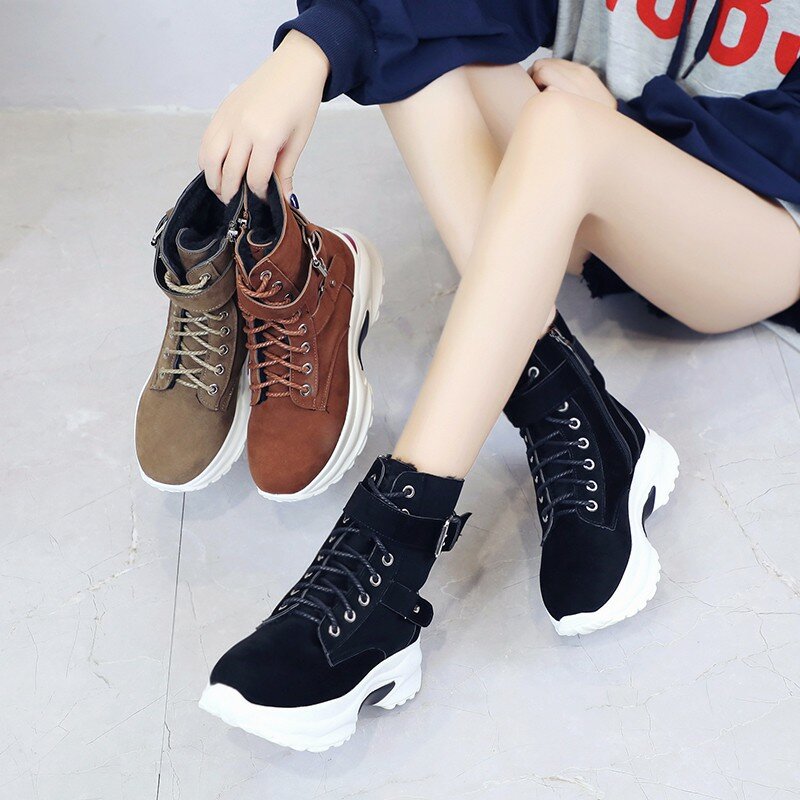 Plus Size Warm Plush Winter Boots Chunky Sneakers Ankle Boots Women Shoes Woman Lace Up Zipper Buckle Thick Sole Platform Shoes