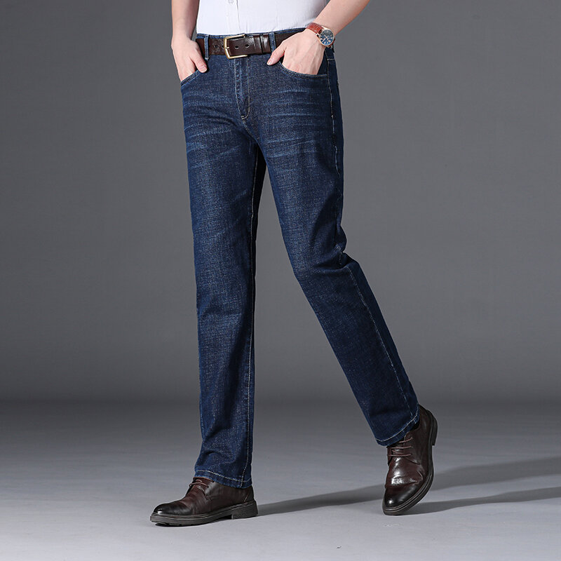 Jeans Bisnis Pria Ukuran 29-40 Jeans Elastis Pria Klasik Celana Denim Pria Lurus Longgar Ukuran Plus Jeans Kerja Biru Katun Pria