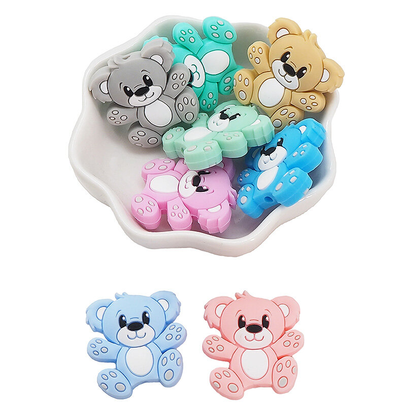 Chenkai 50PCS Silicone Bear Beads Baby Shower Teething Infant Baby Round Beads DIY Infant Pacifier Chain Necklace Making