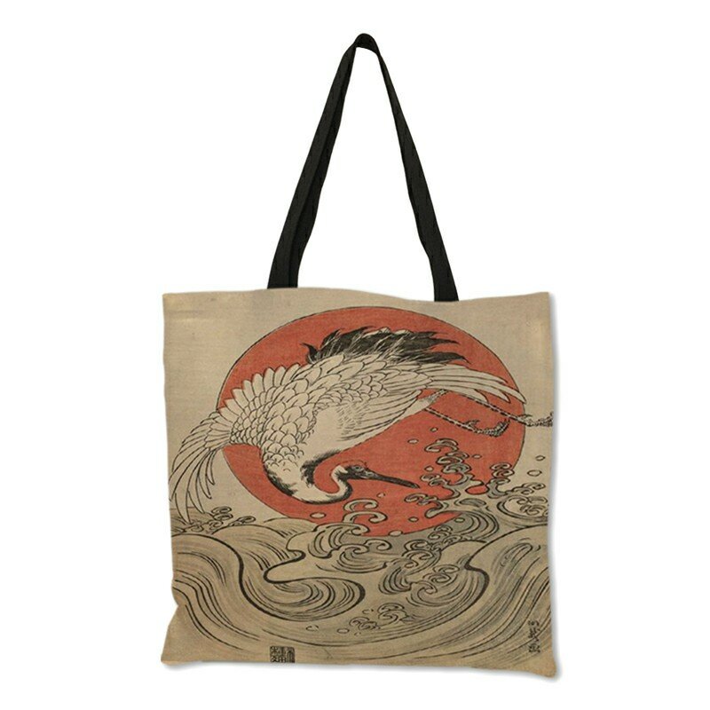 Bolsa japonesa de ombro para mulheres ukiyoe series sacola de mão clássica estampa marítima ondulada sacola de compras para meninas b06129