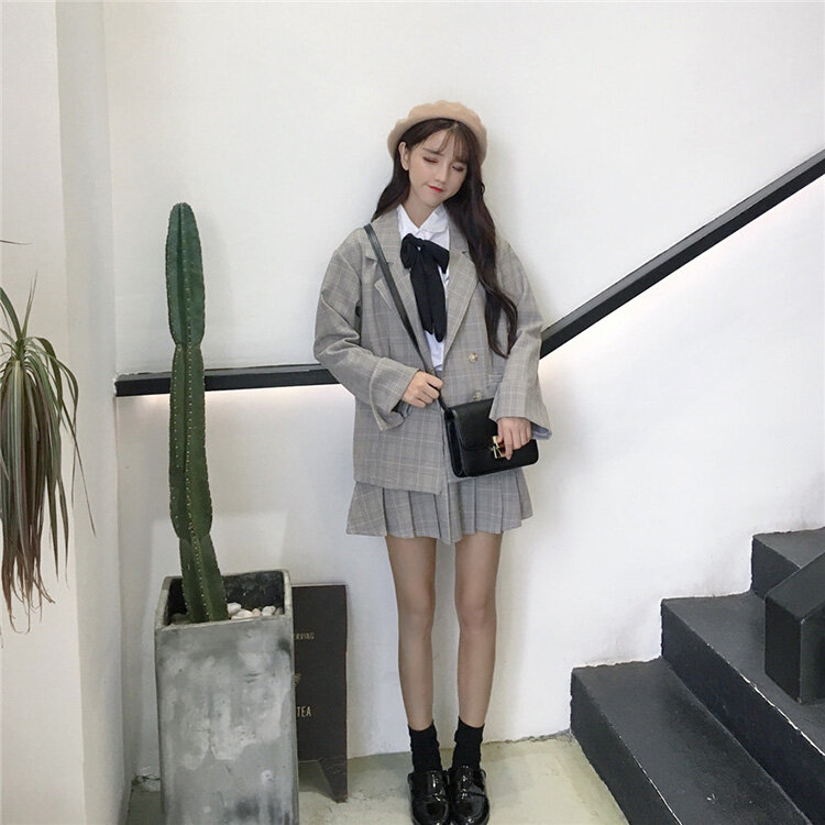 Jk Weibliche Herbst 2021 Koreanische Japanischen Stil Lose Karierten Anzug Jacke + Plissee Mini Röcke Zwei-stück Weibliche Student weißes Hemd