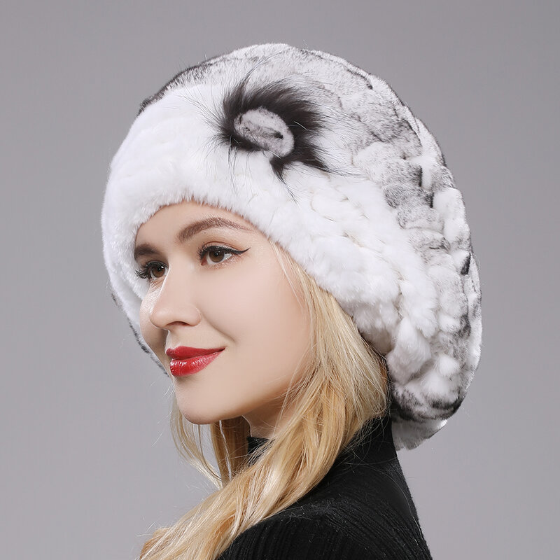 Novo adorável senhora boina bonés de malha real rex pele de coelho gorro feminino inverno rex pele de coelho chapéus 100% real rex pele de coelho boné