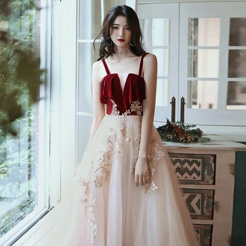 Burgundy Exquisite Summer Full Length Evening Party Gown Cheongsam Elegant Short Sleeve Mesh Dress Qipao Bridal Wedding Dress