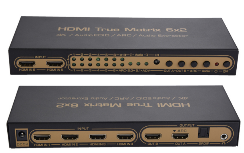 Matriz HDMI 6 en 2, 4K x 2K, compatible con 3D, 6x2, conmutación de vídeo HD, fibra óptica, arco de imagen 5,1
