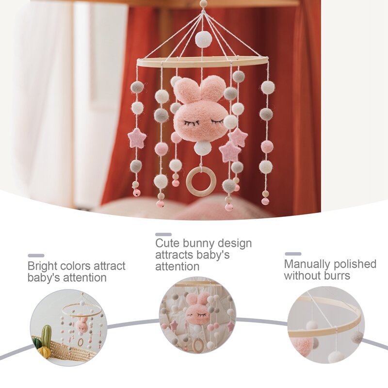 Baby Rattles Crib Mobiles Toy Cotton Rabbit Pendant Bed Bell Rotating Music Rattles For Cots Projection Infant Wooden Toys