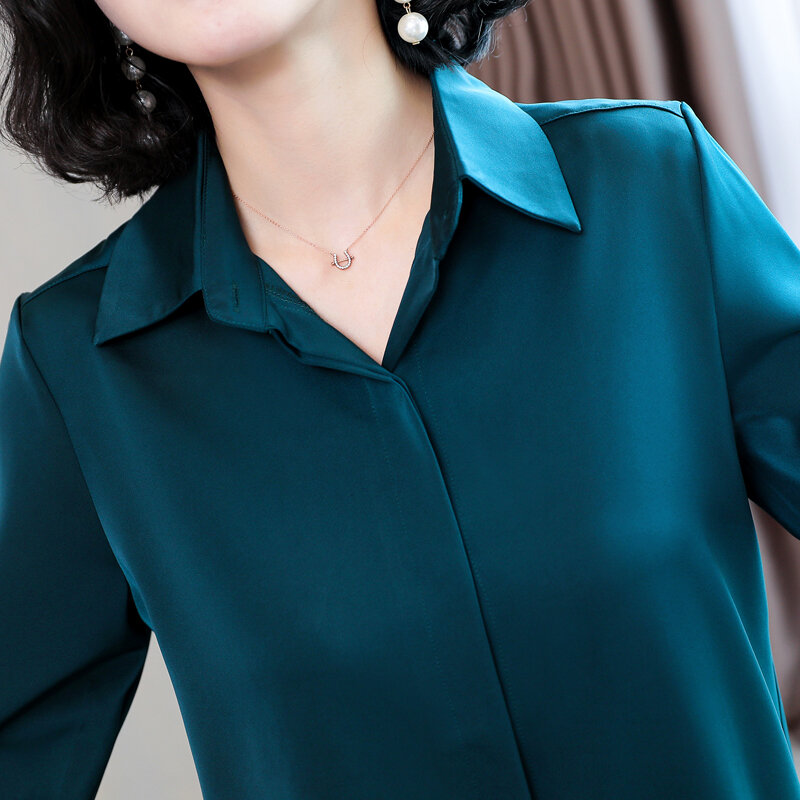 エレガントな女性のブラウス2021春長袖ヴィンテージシャツサテントップスファッション猶予オフィスレディースボタンシャツ