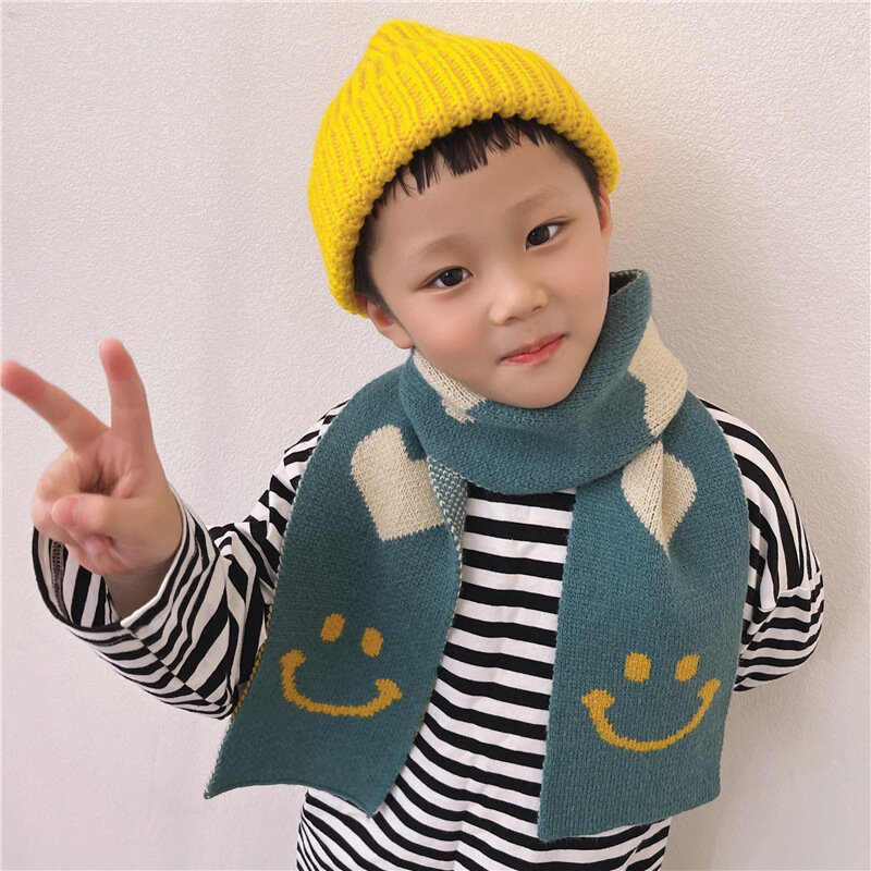 Осенне-зимний детский теплый длинный вязаный шарф для девочек и мальчиков корейские новые плотные шерстяные шарфы со смайликом и мультяшным рисунком для детей