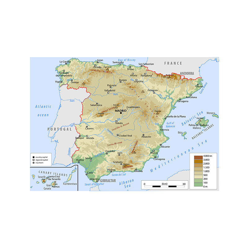 59*42cm mapa topograficzna hiszpanii język angielski obraz ścienny na płótnie Unframed plakat szkolne Home Decor