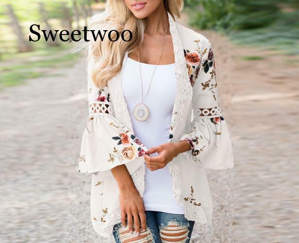 Women Summer Autumn Flare Sleeve Floral Printed Lace Patchwork Chiffon Cardigan Tops Casual Open Stitch Outwear Plus Size Kimono