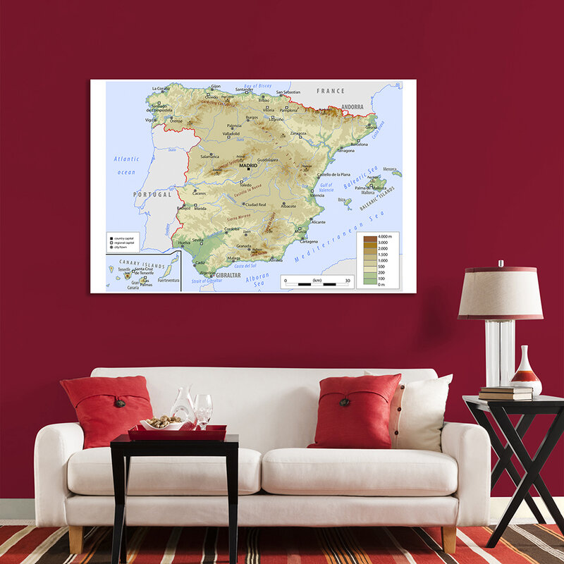 150*100 cm Karte der Spanien Topographische Nicht-woven Leinwand Malerei Wand Kunst Poster Schule Liefert Hause dekoration