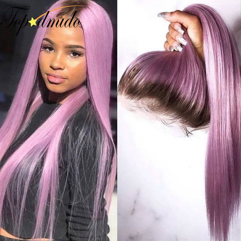 TOPODMIDO – perruque Lace Front Wig brésilienne naturelle Remy, cheveux lisses, ombré rose, 13x4, avec Baby hair, pour femmes