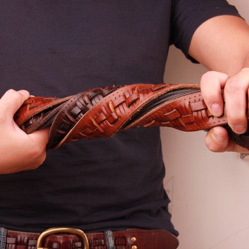 Vintage Handmade หนังสานทองแดงเข็มขัดเข็มขัดของผู้ชายเข็มขัด Cowhide Retro All-Match กางเกงยีนส์นุ่มเข็มขัด