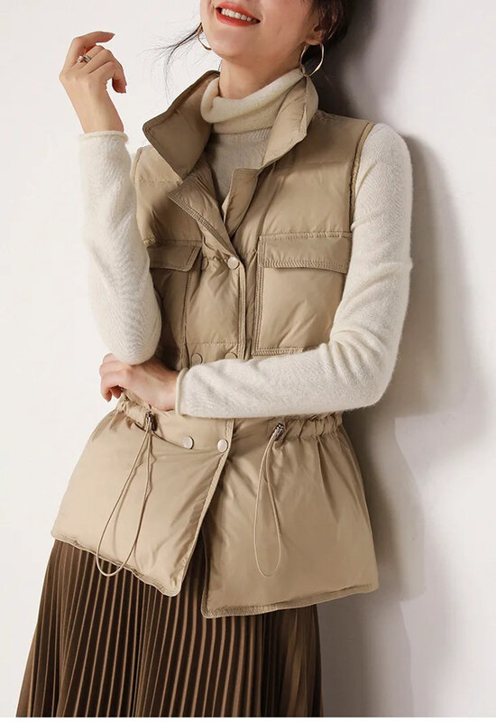 Chaleco de plumón de pato para mujer, abrigo ligero a prueba de viento, sin mangas, color blanco