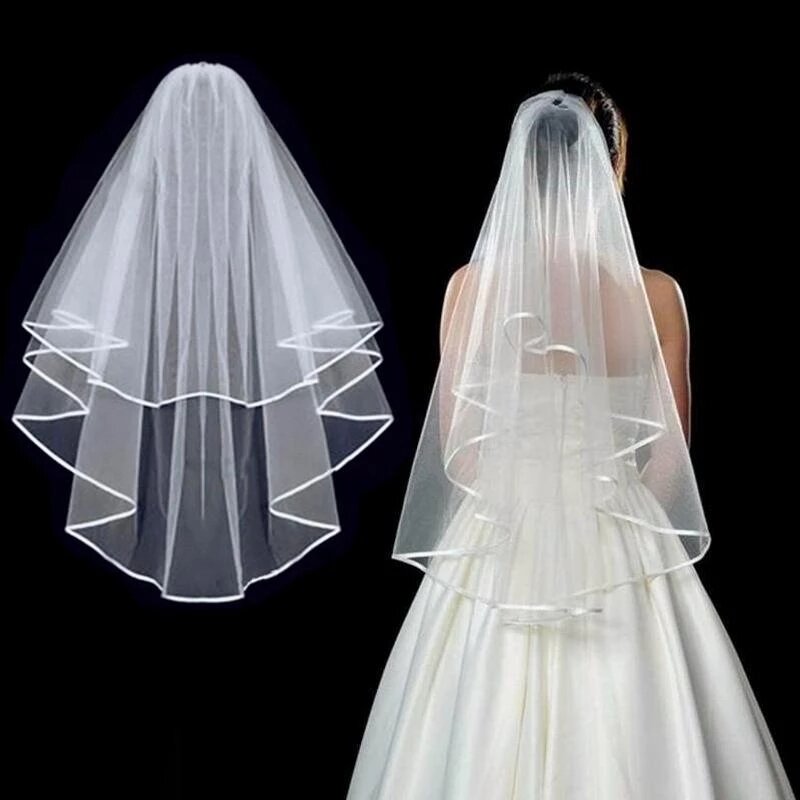 طرحة زفاف قصيرة من التل مع مشط ، بطبقتين ، حجاب زفاف عاجي ، إكسسوارات زواج ، أبيض