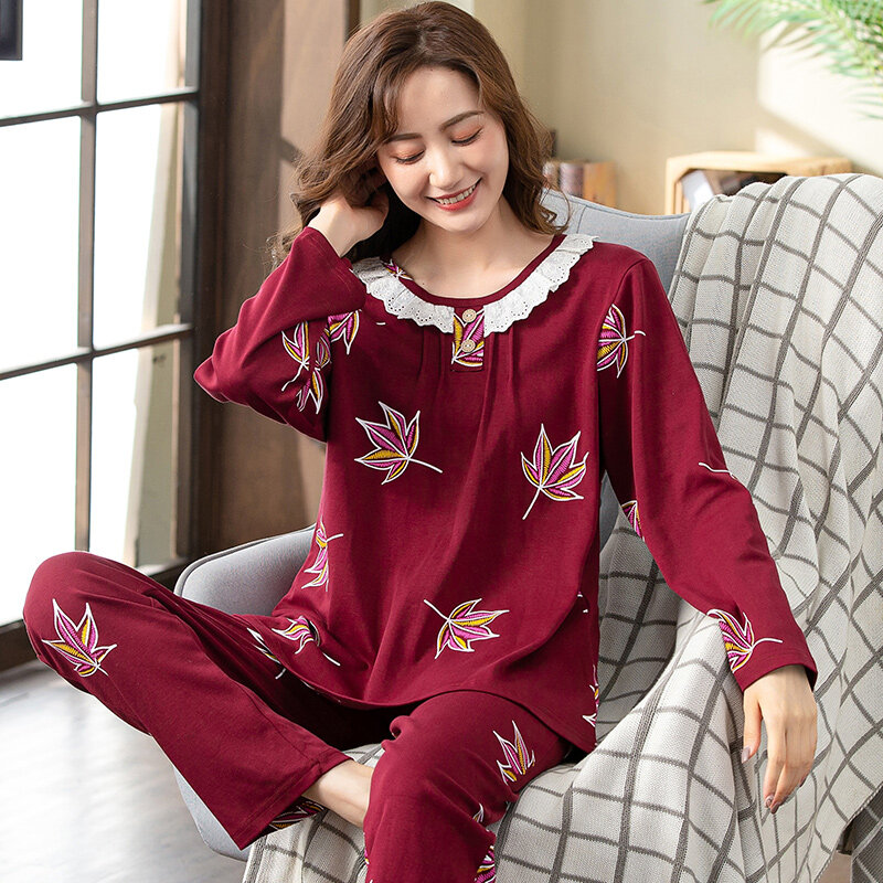Pijamas Feminino Bộ Đồ Ngủ Nữ Bộ Lá Mùa Thu In Hoa Homewear Nữ Dài Tay Cotton Nguyên Chất Đồ Ngủ Áo Pyjamas