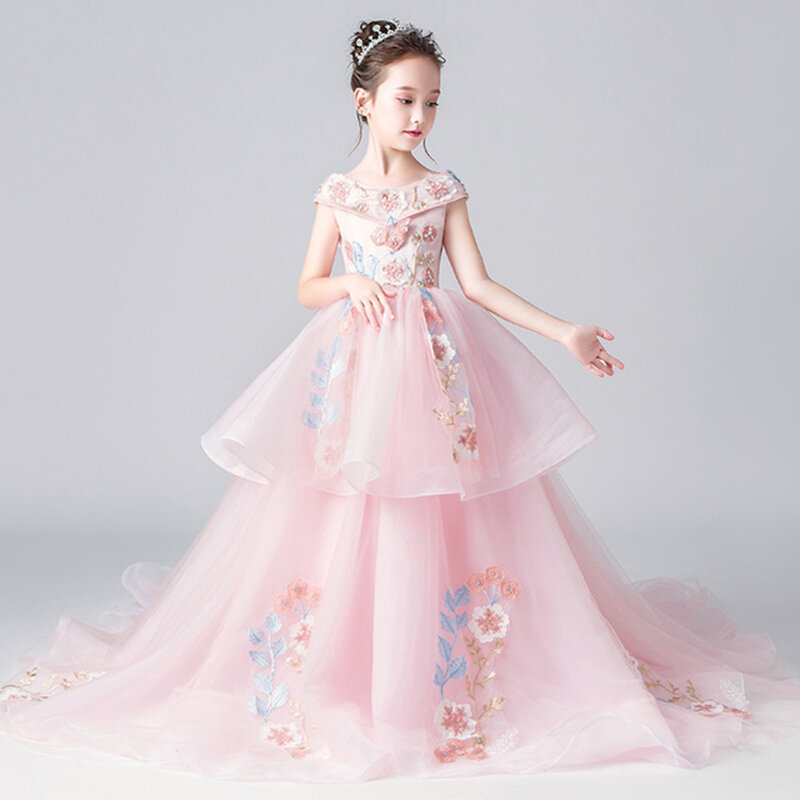 الوردي فتاة تنورة الأميرة vestidos الطابق طول فستان فتاة الزهور الزفاف ذيل فستان طويل فستان الجمال مسابقة الملابس