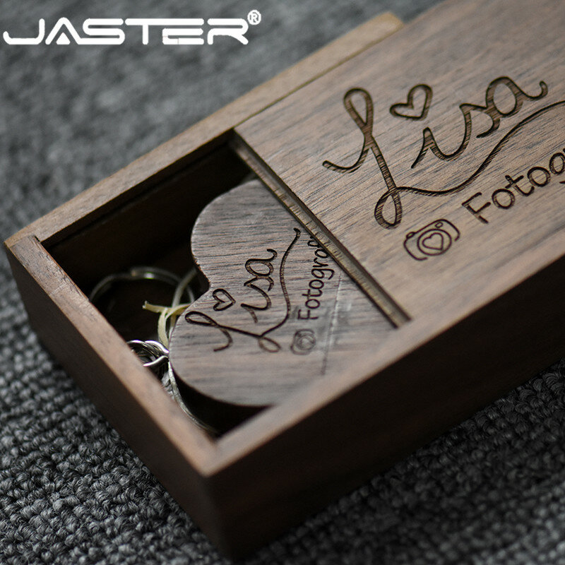 JASTER 5pcs wholesale free logo USB 2.0 4gb 8gb 32gb 64gb 128gb The latest in wood heart + gift box USB flash drive Wedding gift