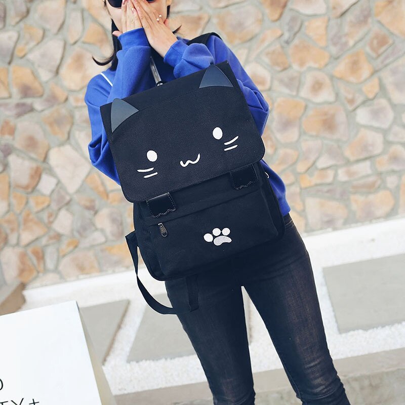 2 PCS Fashion Cute Cat Embroidery Canvas Student Cartoons Women Backpack Leisure School Bag,Black+White & Black+Pink