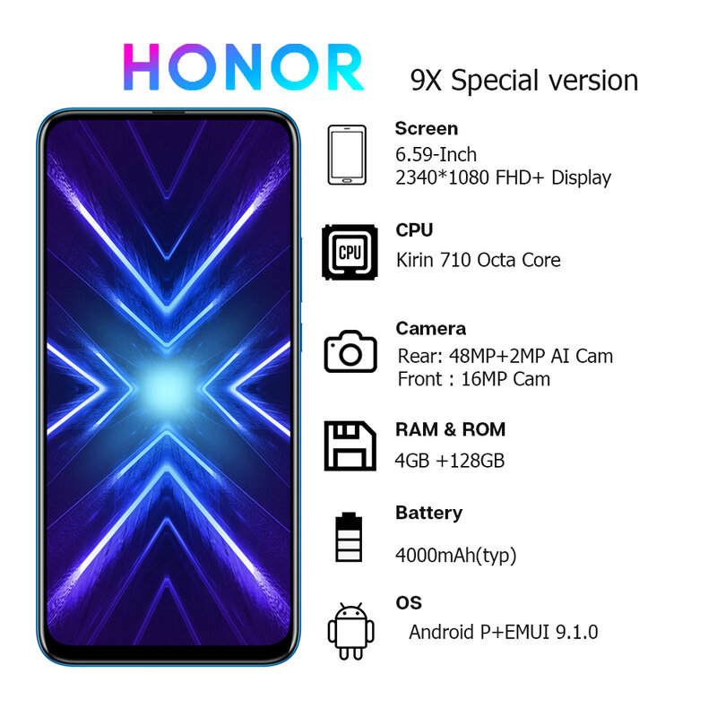 Honor-teléfono inteligente 9X versión especial, 4GB, 128GB, Kirin 710F, cámara Dual de 48MP, AI, 6,59 '', Google Play