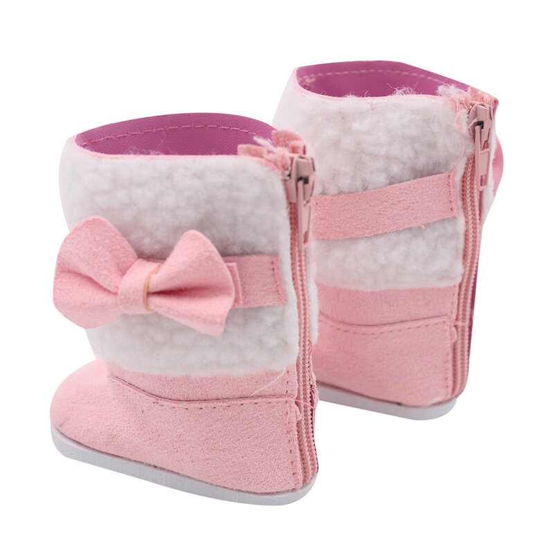 Modne buty dla lalki różowa pluszowa zamek błyskawiczny śniegowe buty z kokardką dla 43cm dziecka i 18 "amerykańskie lalki zabawki akcesoria świąteczny prezent