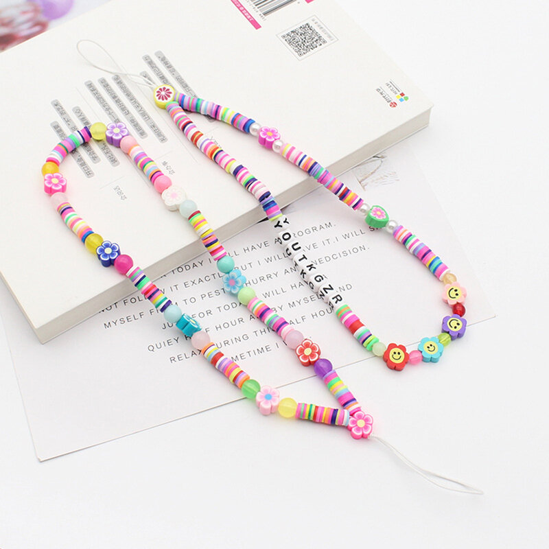 Fashion Cell Phone Lanyards Polymer Clay Acrylic Beaded Cute Mobile Phone Chain Lanyard Multicolor Round Flower 40cm Long 1 PC