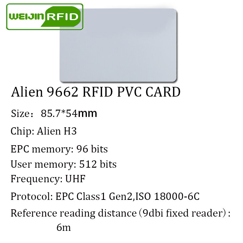 Etiqueta RFID UHF PVC Alien 9662 EPC6C 915mhz 868mhz 860-960MHZ Higgs3 85,7*54*0,8mm tarjeta inteligente de larga distancia etiquetas RFID pasivas