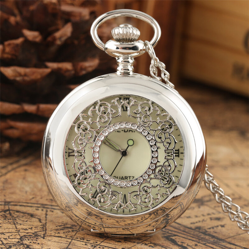 Светящийся циферблат с римскими цифрами, кварцевые карманные часы, серебряные полые антикварные подвесные часы, подарки для мужчин и женщин