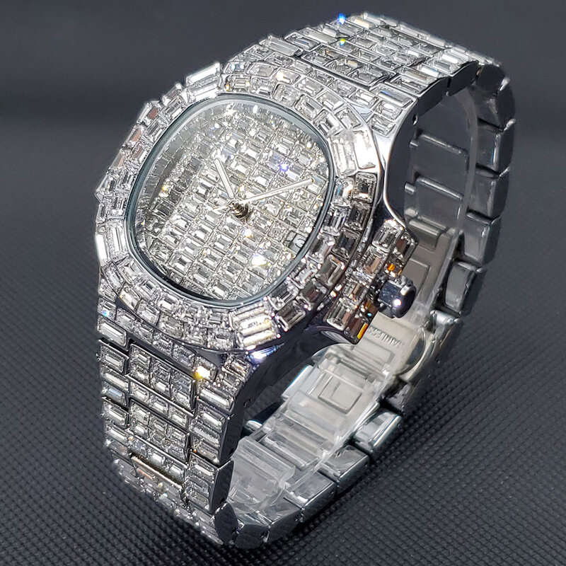 Relógio de luxo gelado para homens, Hip Hop, diamante, prata, quartzo, mergulho high-end, aço inoxidável, relógios masculinos, Dropshipping