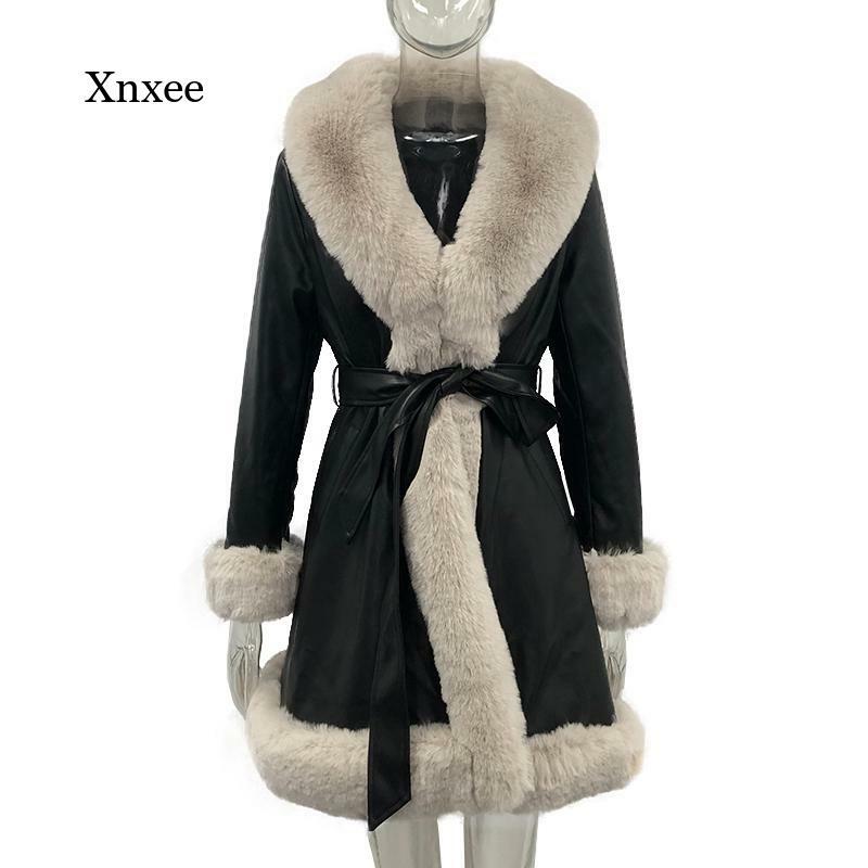 Зимняя куртка с боковым карманом, женская модная длинная куртка из искусственной кожи с поясом и ремнем, элегантная однотонная куртка из искусственного меха