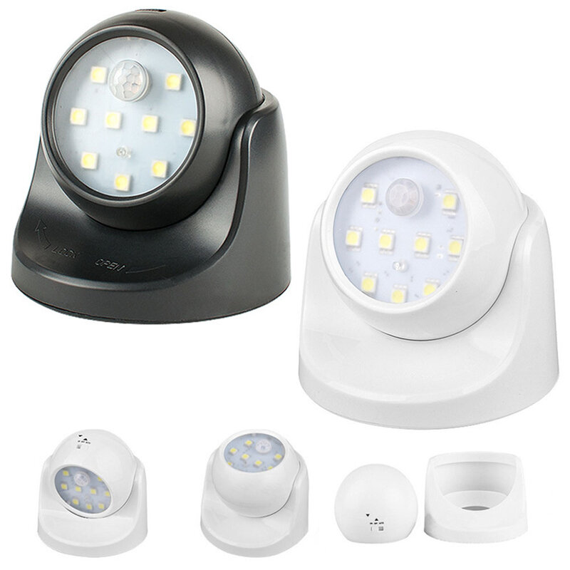 Lámpara de inducción automática de 360 grados, luz nocturna con Sensor de movimiento PIR, 9led, alimentada por batería, para dormitorio, pasillo, escaleras, foco exterior