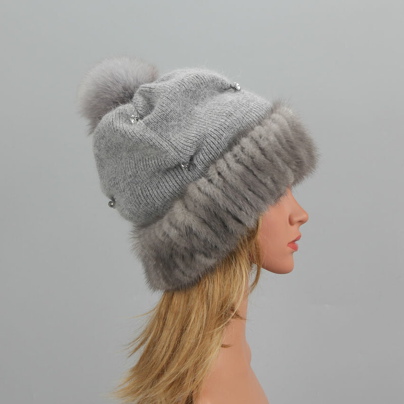 Fashion Knitted Ladies Real Mink Fur Beanies Cap Winter Women's hat  Warm Natural Mink Fur Hats Elastic Luxury Female Fur Hat