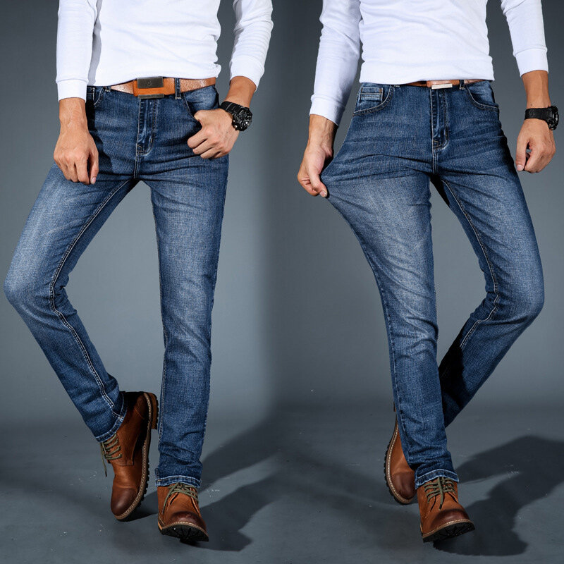 Calças de brim masculinas primavera outono calças retas calças de brim de algodão moda masculina nova micro-elástica tecido calças casuais negócios
