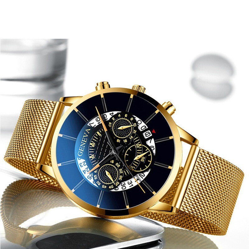 Relógio calendário azul estiloso masculino, pulseira de malha de aço inoxidável analógico quartz