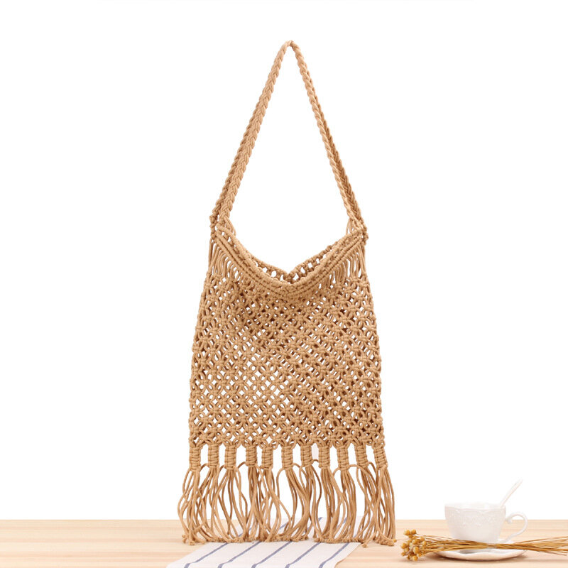 30x30CM New Hollow Hand-woven Bag Mesh Fringed One-shoulder Beach Bag Trend Female Natural Style Straw Bag a7131