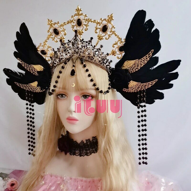 Catena di perline nere barocco gotico Rose Angel Wings Sun Godmother's Retro splendido Halo Lolita KC accessori per capelli corona